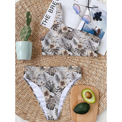 Vintage Hibiscus Plumeria Pattern Print One Shoulder Bikini Top