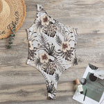 Vintage Hibiscus Plumeria Pattern Print One Shoulder Bodysuit