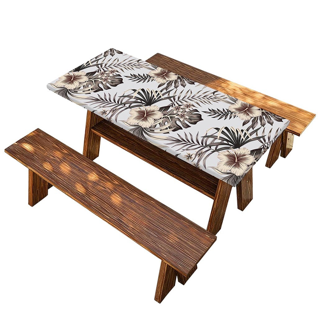 Vintage Hibiscus Plumeria Pattern Print Picnic Table Cover
