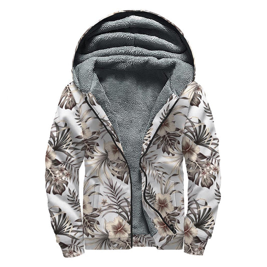 Vintage Hibiscus Plumeria Pattern Print Sherpa Lined Zip Up Hoodie
