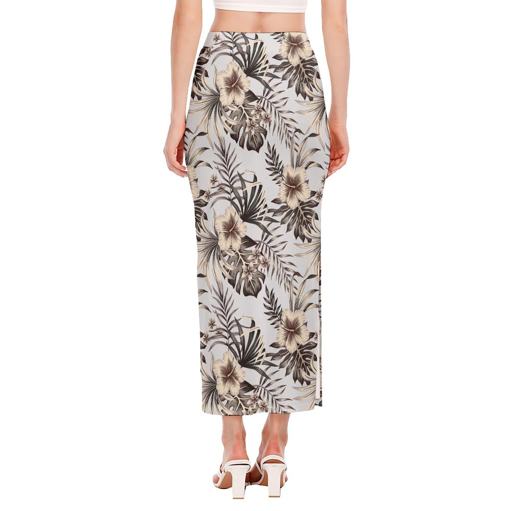 Vintage Hibiscus Plumeria Pattern Print Side Slit Maxi Skirt