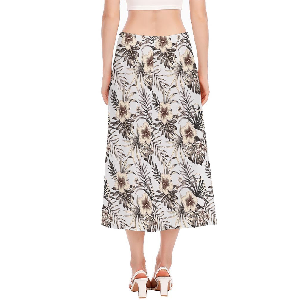 Vintage Hibiscus Plumeria Pattern Print Side Slit Midi Skirt