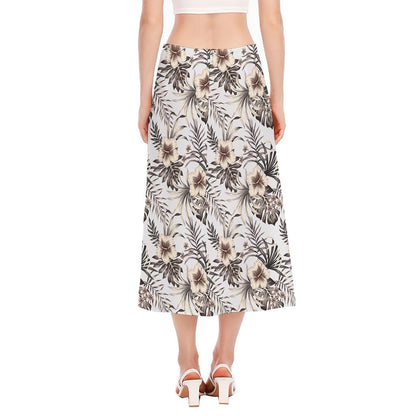 Vintage Hibiscus Plumeria Pattern Print Side Slit Midi Skirt
