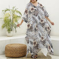 Vintage Hibiscus Plumeria Pattern Print Silk V-Neck Kaftan Dress