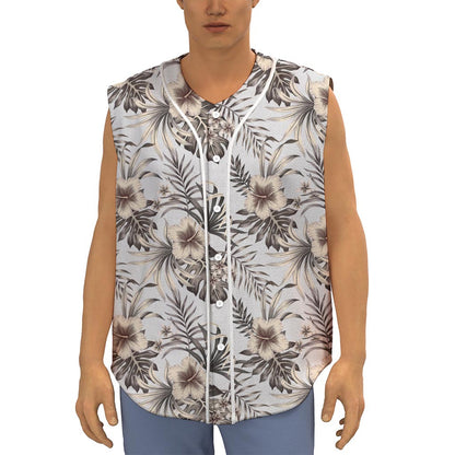Vintage Hibiscus Plumeria Pattern Print Sleeveless Baseball Jersey
