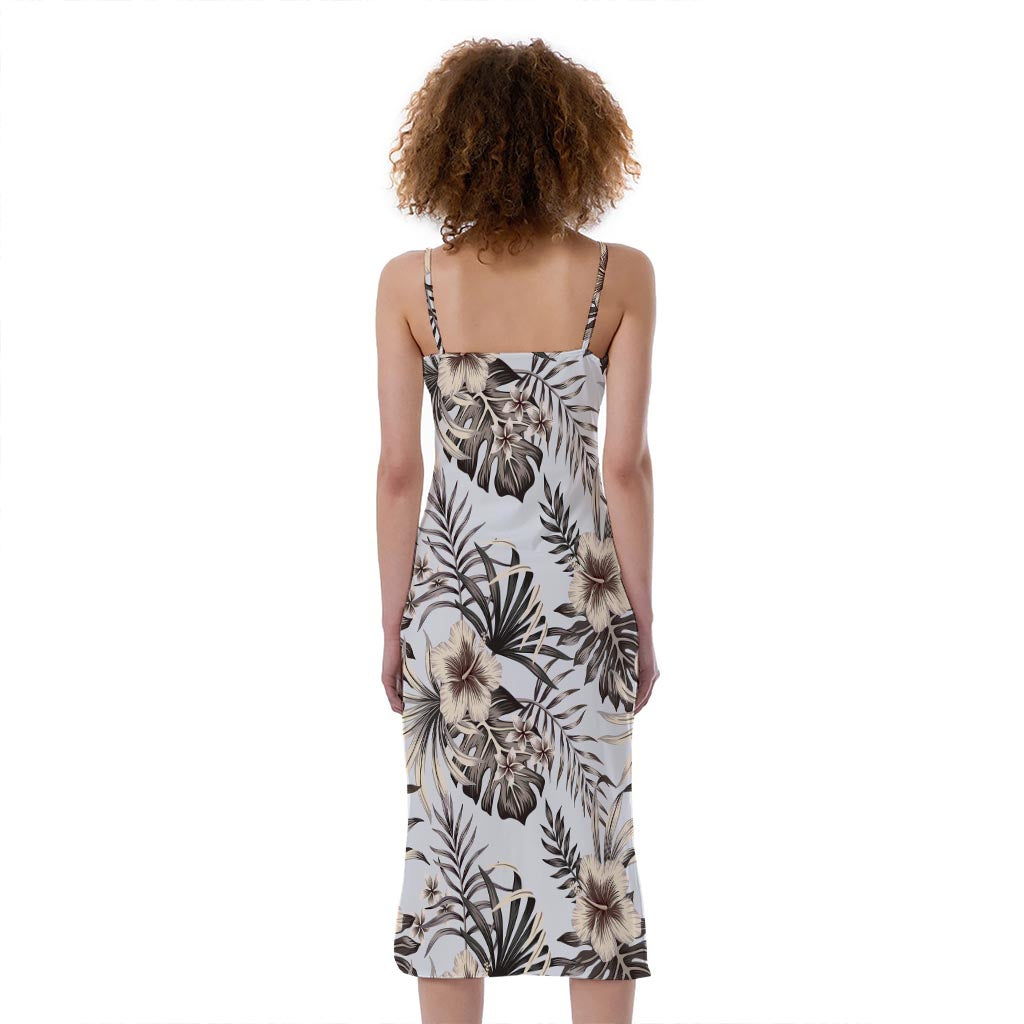 Vintage Hibiscus Plumeria Pattern Print Slim Fit Midi Cami Dress