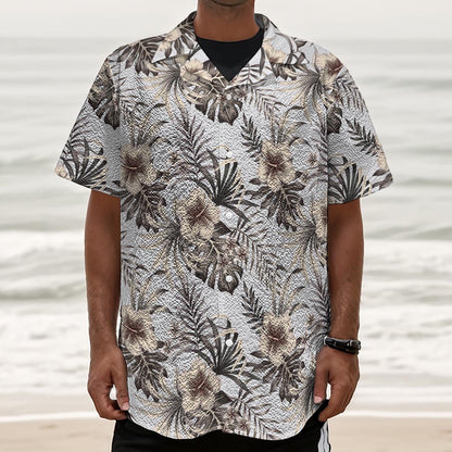 Vintage Hibiscus Plumeria Pattern Print Textured Short Sleeve Shirt