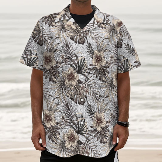 Vintage Hibiscus Plumeria Pattern Print Textured Short Sleeve Shirt