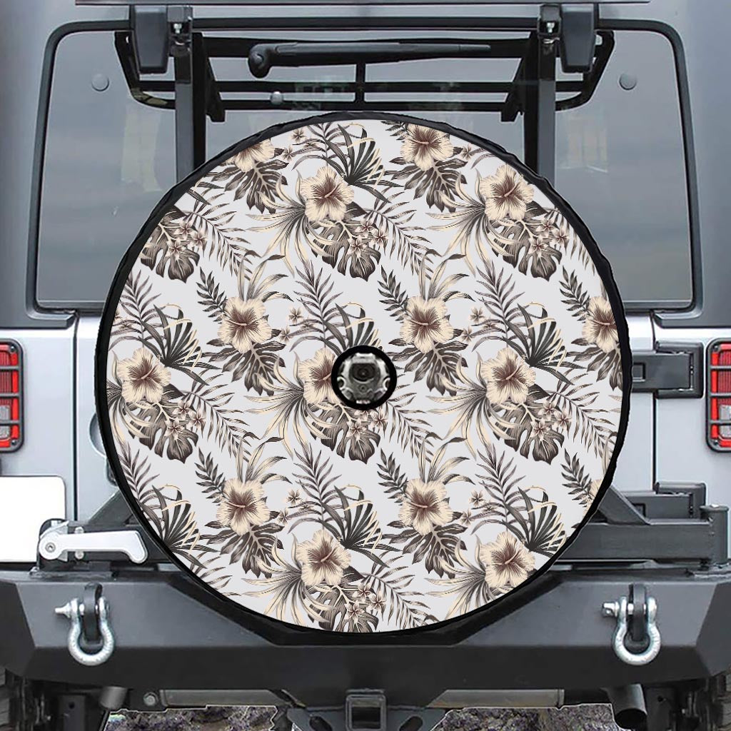 Vintage Hibiscus Plumeria Pattern Print Tire Cover With Camera Hole