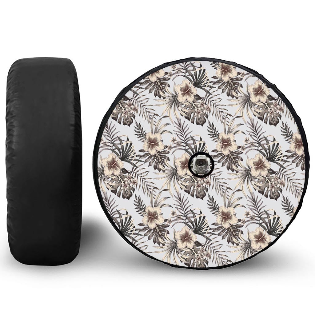 Vintage Hibiscus Plumeria Pattern Print Tire Cover With Camera Hole