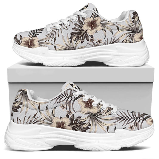 Vintage Hibiscus Plumeria Pattern Print White Chunky Shoes