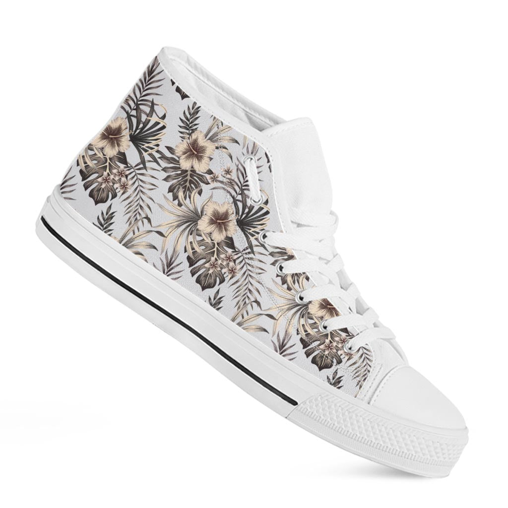 Vintage Hibiscus Plumeria Pattern Print White High Top Sneakers