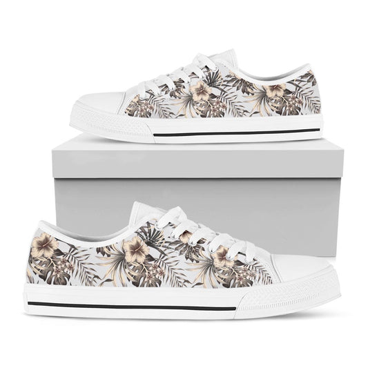 Vintage Hibiscus Plumeria Pattern Print White Low Top Sneakers