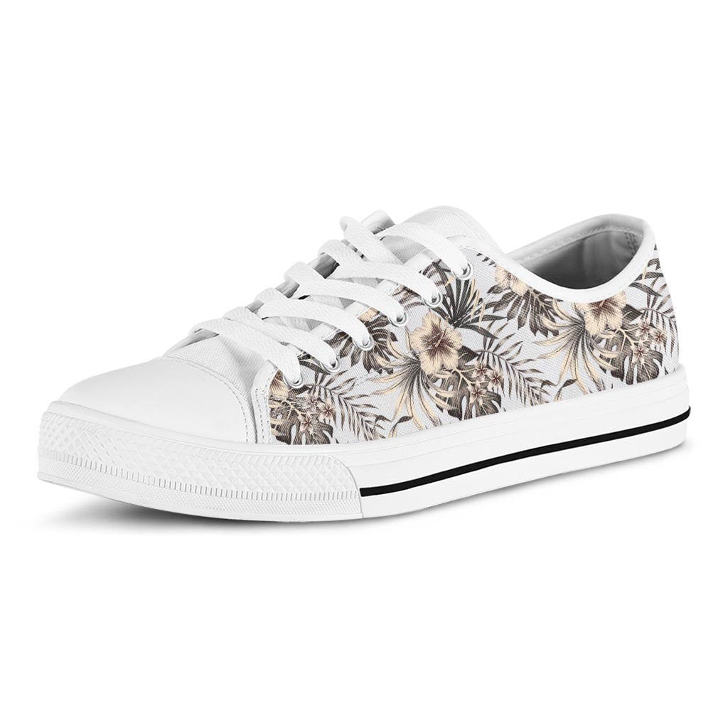 Vintage Hibiscus Plumeria Pattern Print White Low Top Sneakers