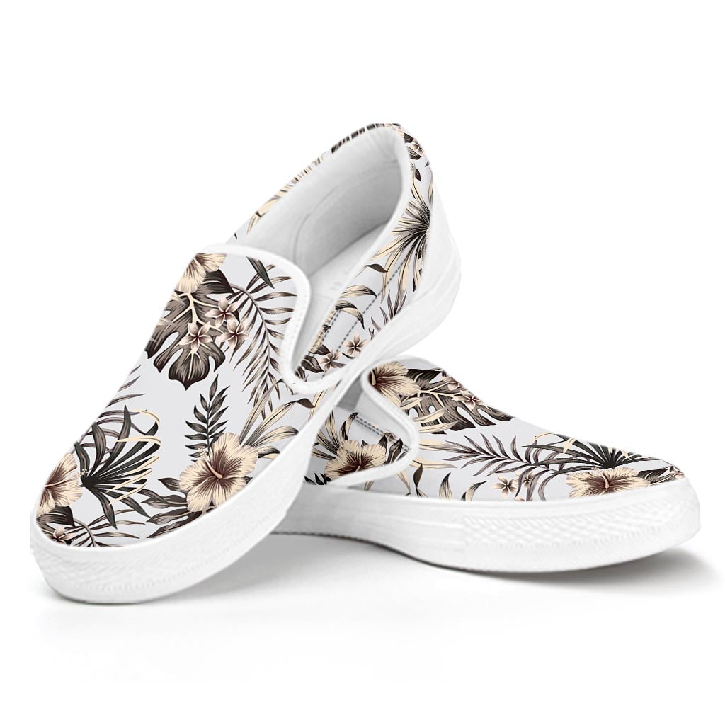 Vintage Hibiscus Plumeria Pattern Print White Slip On Sneakers