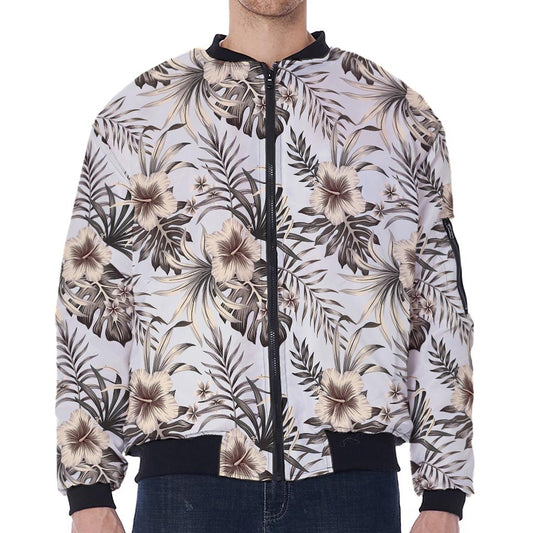 Vintage Hibiscus Plumeria Pattern Print Zip Sleeve Bomber Jacket