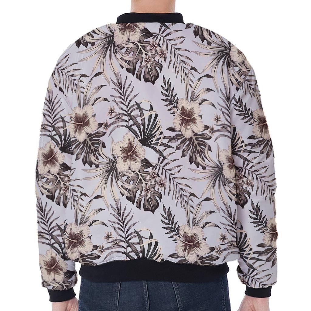Vintage Hibiscus Plumeria Pattern Print Zip Sleeve Bomber Jacket