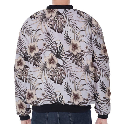 Vintage Hibiscus Plumeria Pattern Print Zip Sleeve Bomber Jacket