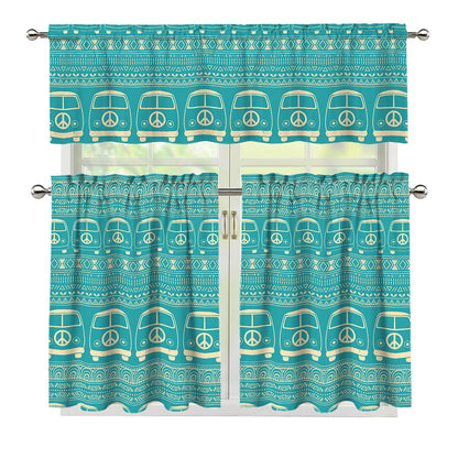 Vintage Hippie Van Pattern Print 3 Piece Kitchen Curtains