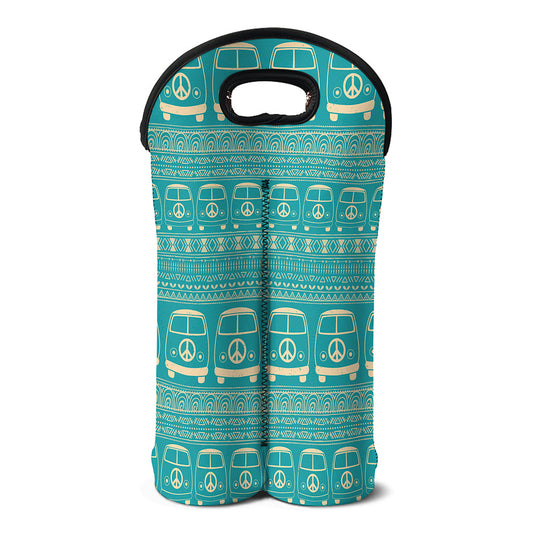 Vintage Hippie Van Pattern Print Double Neoprene Wine Tote
