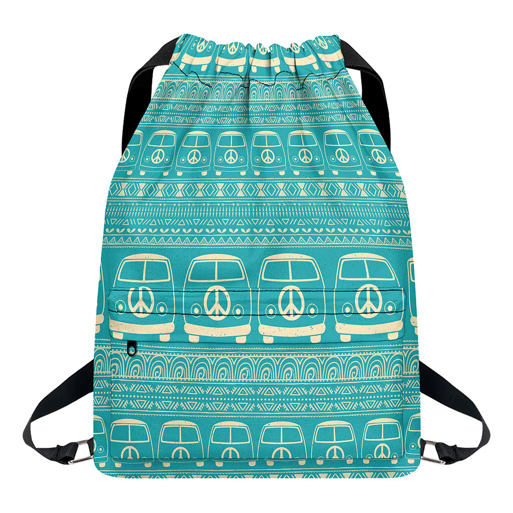 Vintage Hippie Van Pattern Print Drawstring Backpack