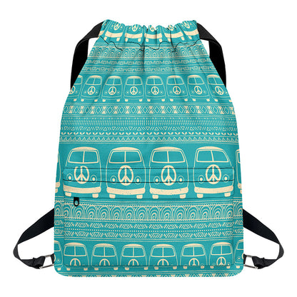 Vintage Hippie Van Pattern Print Drawstring Backpack