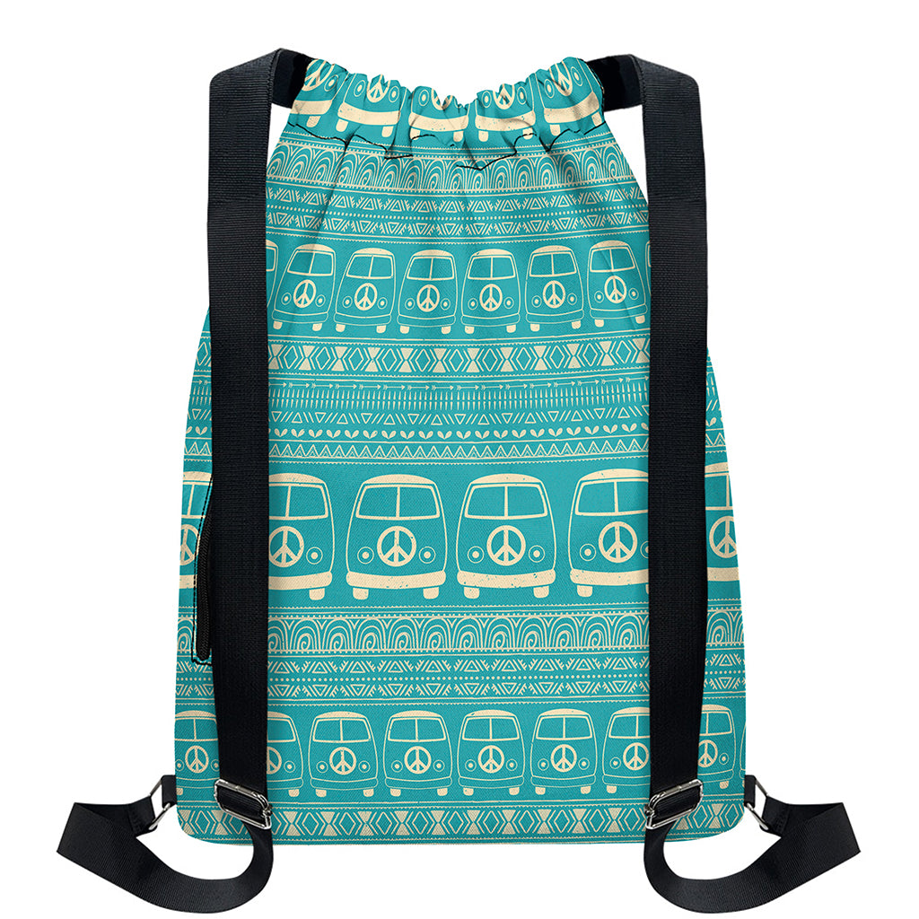 Vintage Hippie Van Pattern Print Drawstring Backpack