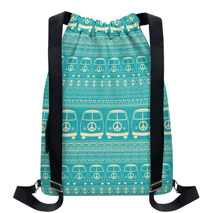 Vintage Hippie Van Pattern Print Drawstring Backpack