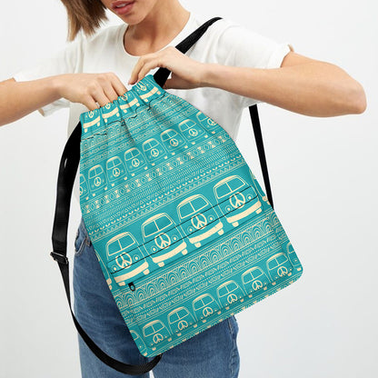 Vintage Hippie Van Pattern Print Drawstring Backpack