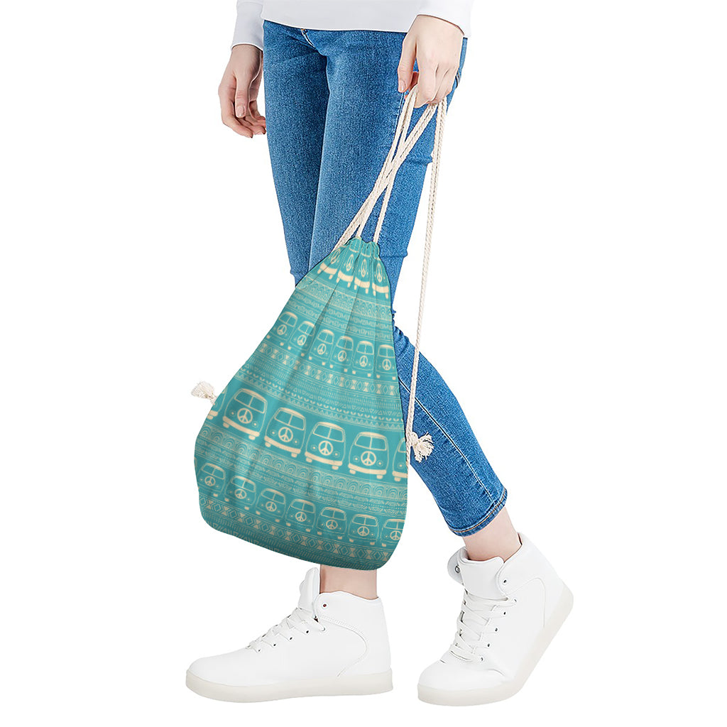 Vintage Hippie Van Pattern Print Drawstring Bag