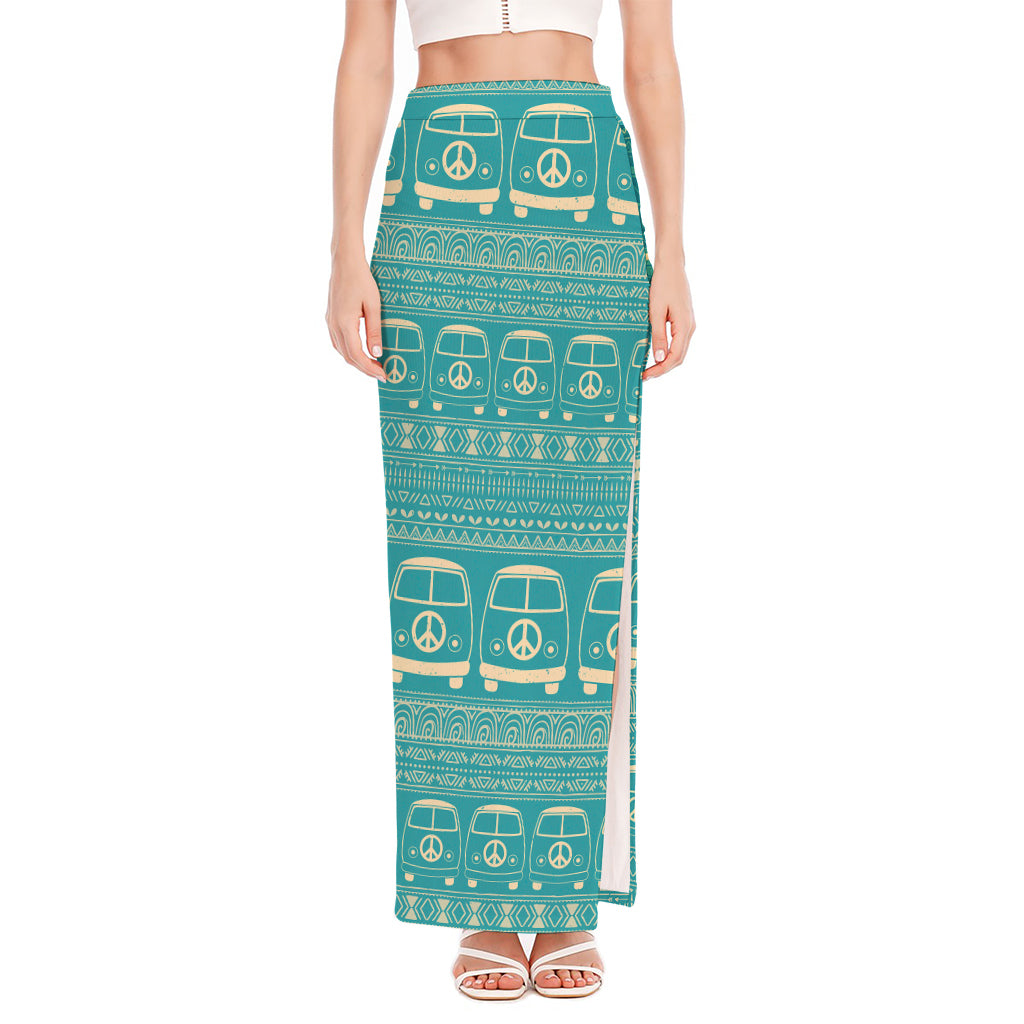 Vintage Hippie Van Pattern Print High Slit Maxi Skirt