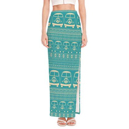 Vintage Hippie Van Pattern Print High Slit Maxi Skirt