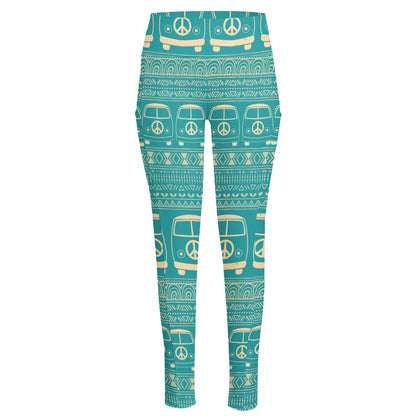 Vintage Hippie Van Pattern Print High-Waisted Pocket Leggings