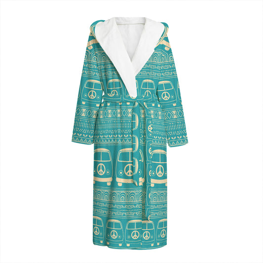 Vintage Hippie Van Pattern Print Hooded Bathrobe