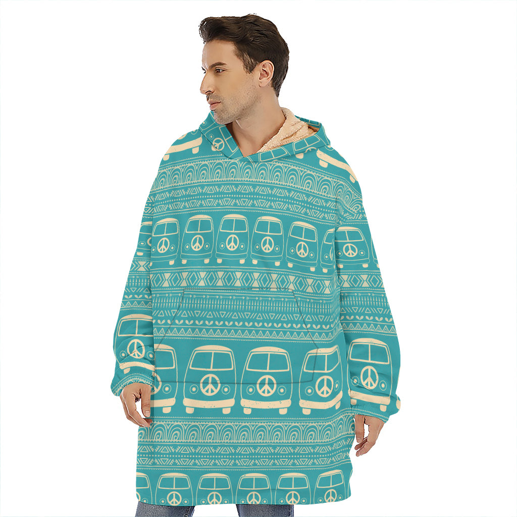 Vintage Hippie Van Pattern Print Hoodie Blanket