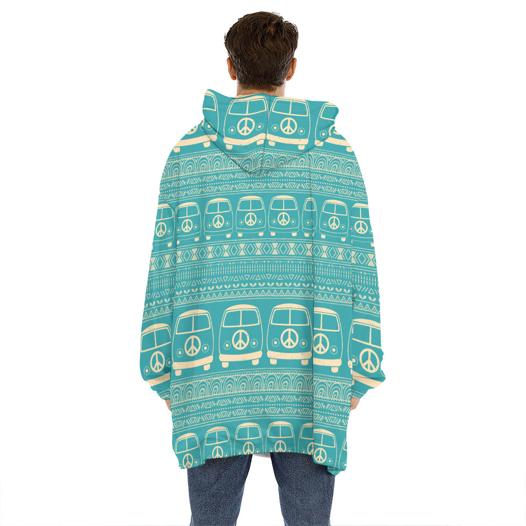 Vintage Hippie Van Pattern Print Hoodie Blanket