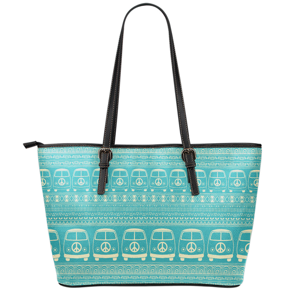 Vintage Hippie Van Pattern Print Leather Tote Bag
