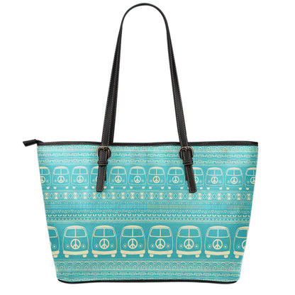 Vintage Hippie Van Pattern Print Leather Tote Bag