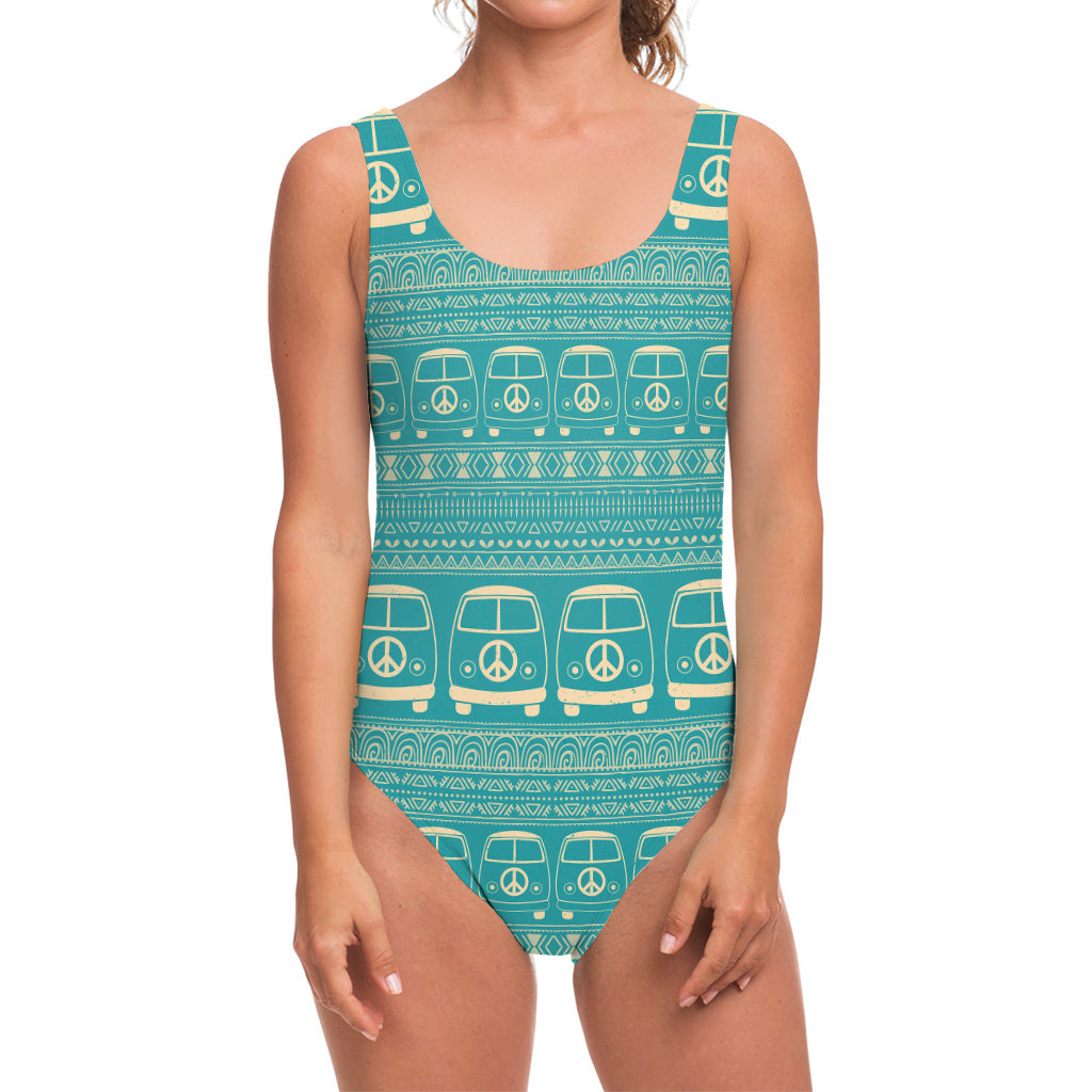 Vintage Hippie Van Pattern Print One Piece Swimsuit
