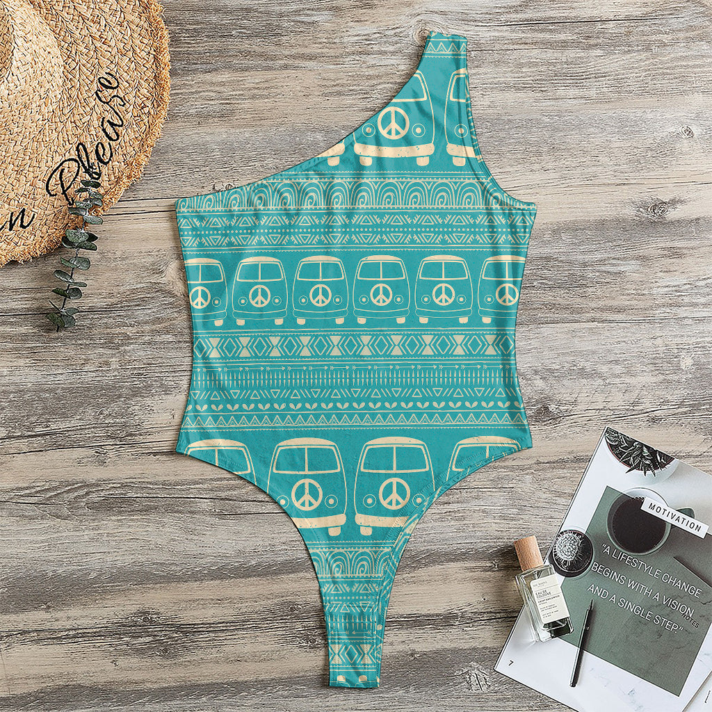 Vintage Hippie Van Pattern Print One Shoulder Bodysuit