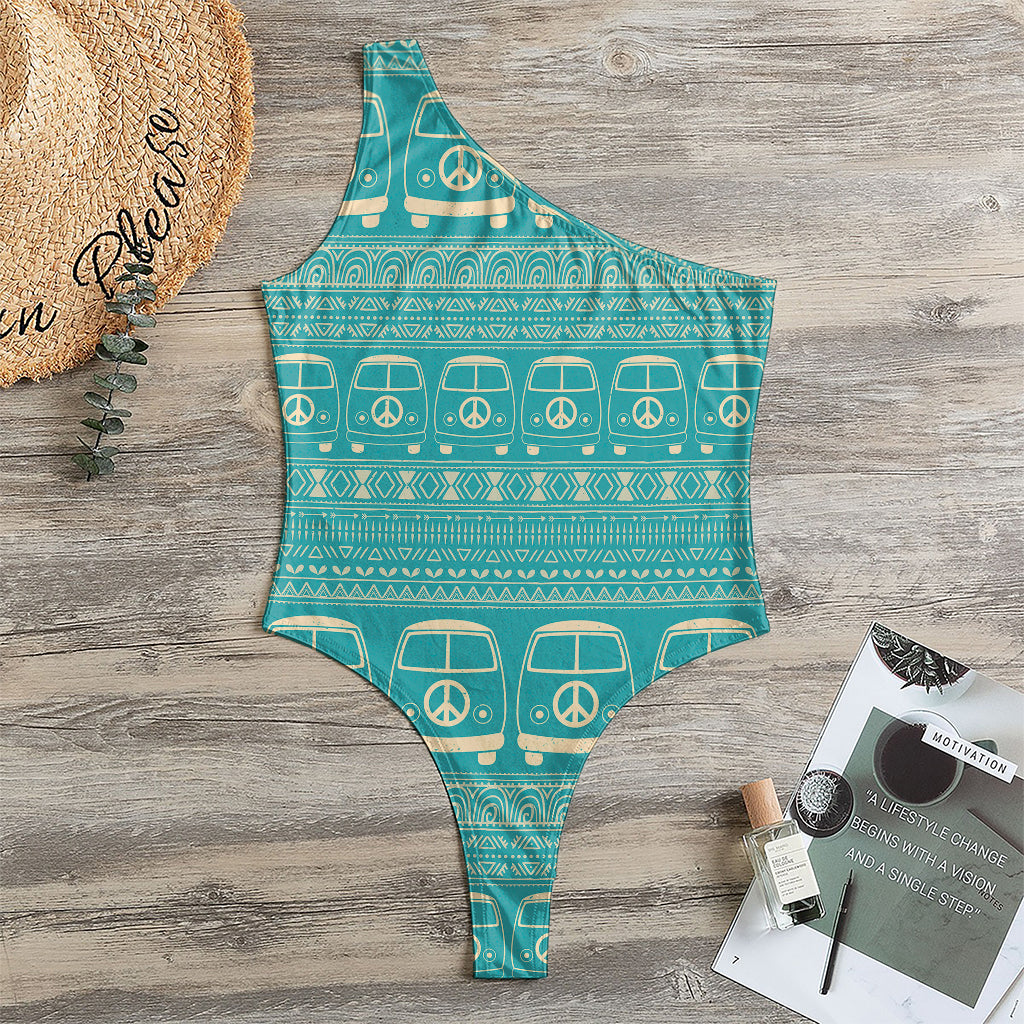 Vintage Hippie Van Pattern Print One Shoulder Bodysuit