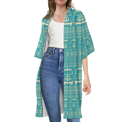 Vintage Hippie Van Pattern Print Open Front Beach Cover Up