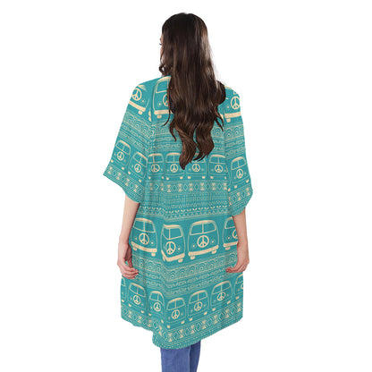 Vintage Hippie Van Pattern Print Open Front Beach Cover Up