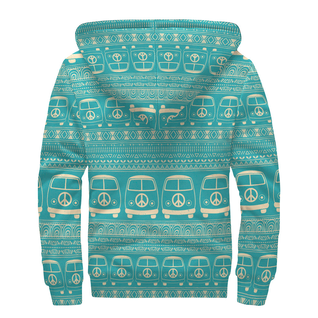 Vintage Hippie Van Pattern Print Sherpa Lined Zip Up Hoodie