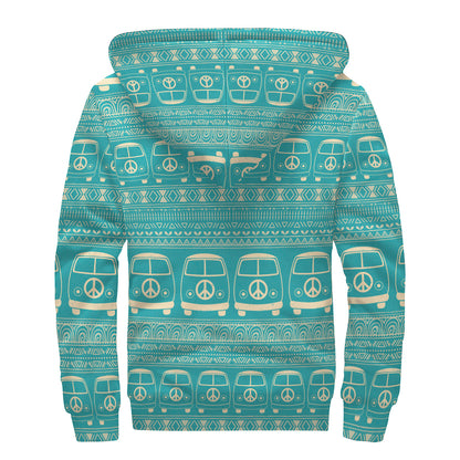 Vintage Hippie Van Pattern Print Sherpa Lined Zip Up Hoodie