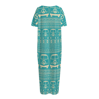 Vintage Hippie Van Pattern Print Short Sleeve Long Nightdress