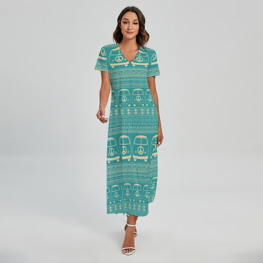 Vintage Hippie Van Pattern Print Short Sleeve Maxi Dress