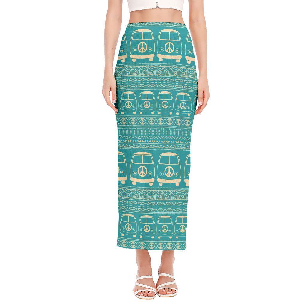 Vintage Hippie Van Pattern Print Side Slit Maxi Skirt