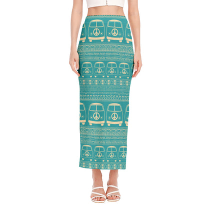 Vintage Hippie Van Pattern Print Side Slit Maxi Skirt