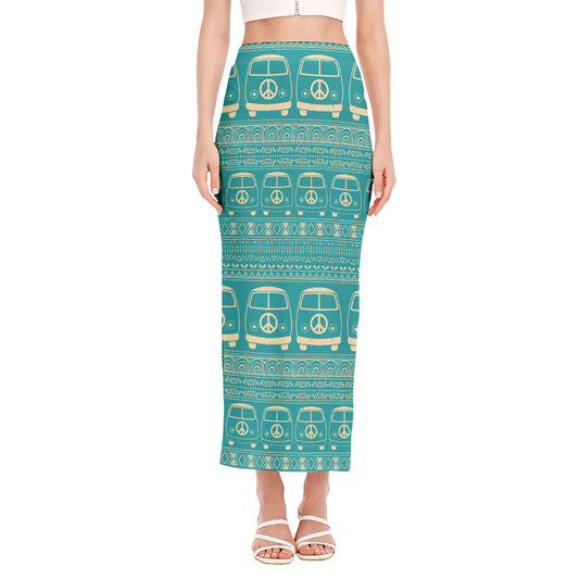 Vintage Hippie Van Pattern Print Side Slit Maxi Skirt